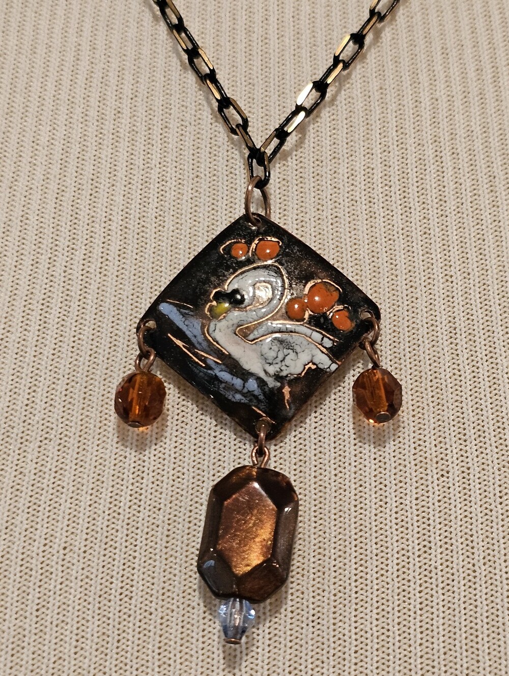 Handcrafted Cloisonne Copper Swan Pendant Necklace in Amber and Black